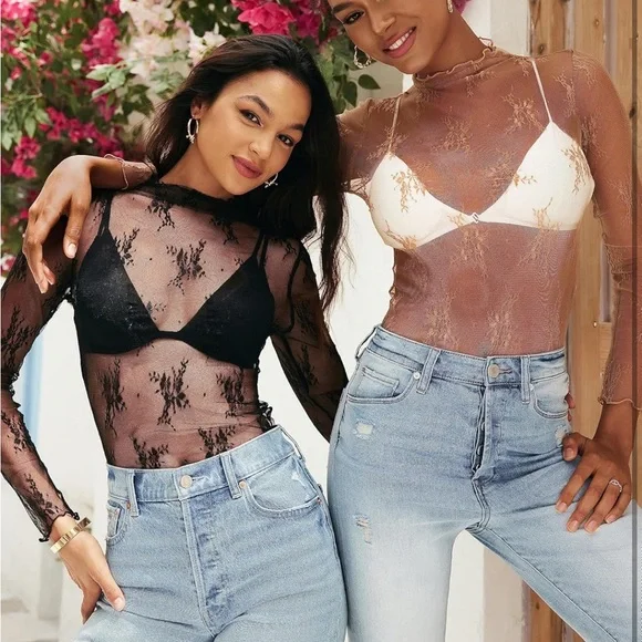 Black Sheer Lace Embroidered Mock Neck Mesh, Long Sleeve Floral Top - Picture 5 of 10